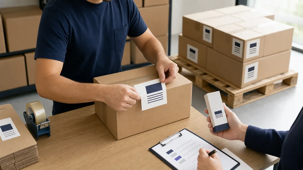 Workers applying and checking abstract product labels at a warehouse packing station