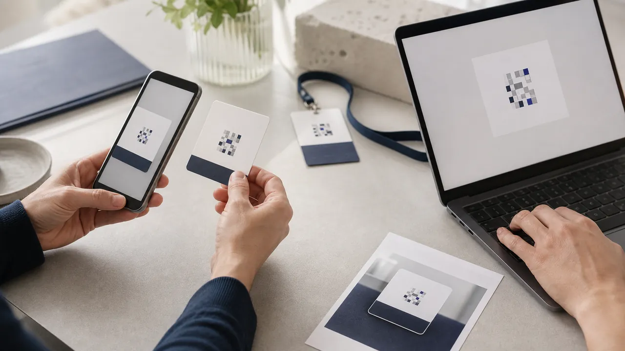 Person scanning an abstract code card beside a laptop and printed image