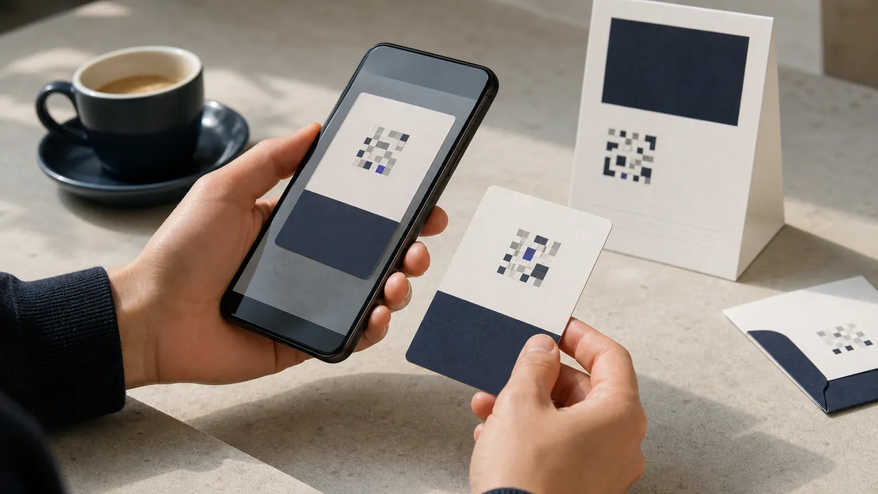 Person using an unbranded smartphone to scan an abstract code card at a cafe table