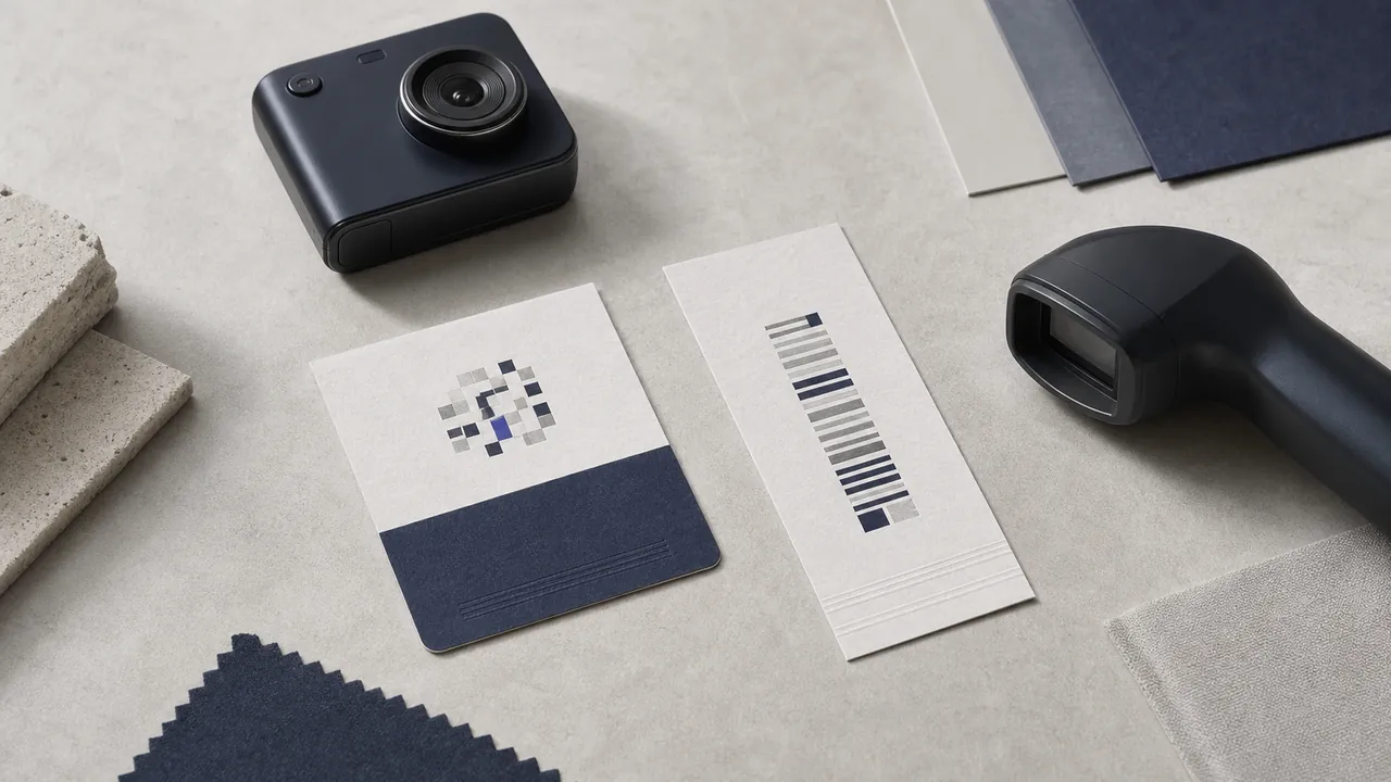 Editorial still life comparing a square matrix card with a linear barcode label and scanners