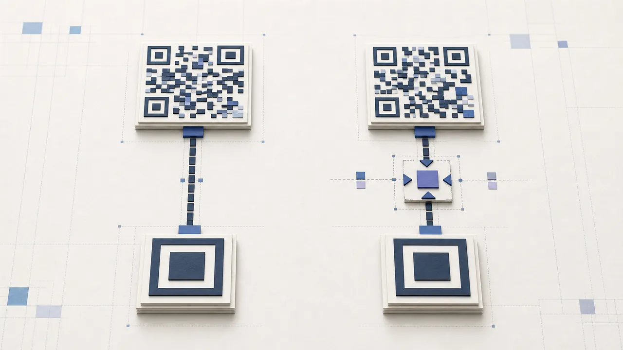 Cut-paper comparison of a direct QR path and a managed redirect path