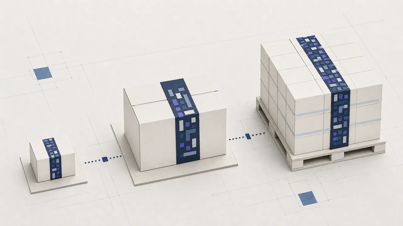 Paper packaging hierarchy from a single unit to a case and pallet