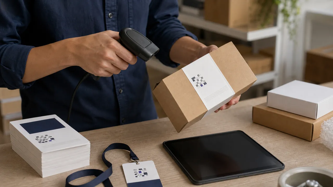 Warehouse worker scanning an abstract product label on a package