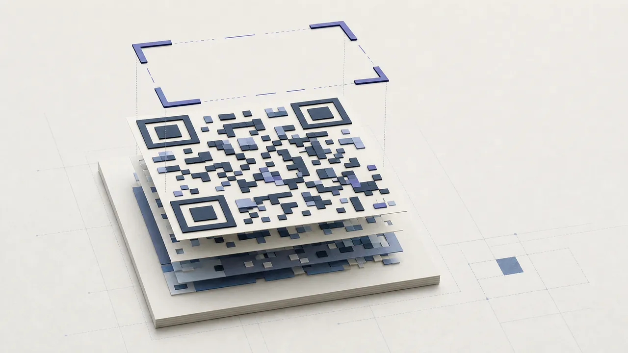 Layered paper anatomy of a matrix code with corner targets and a scanning frame