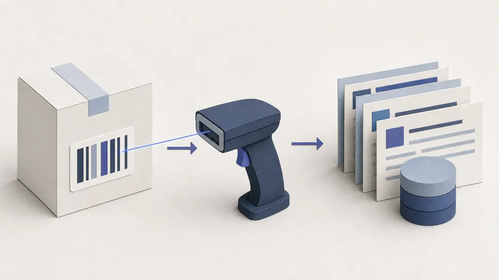 Paper workflow from a product label through a scanner to catalog cards and a database