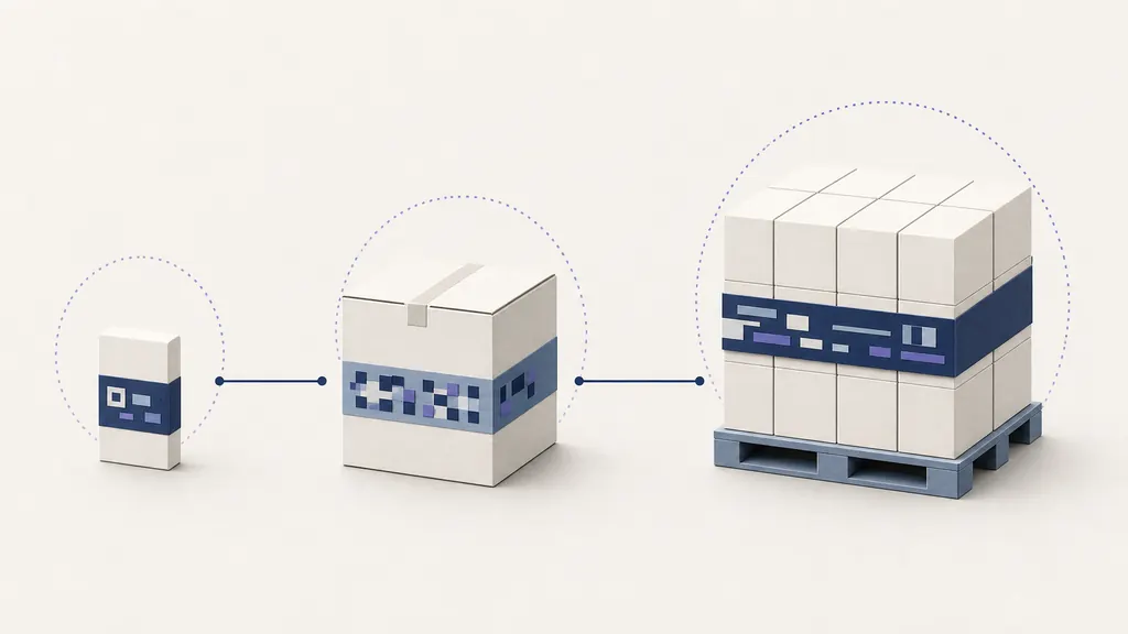 Paper hierarchy of a consumer unit, shipping case, and pallet load