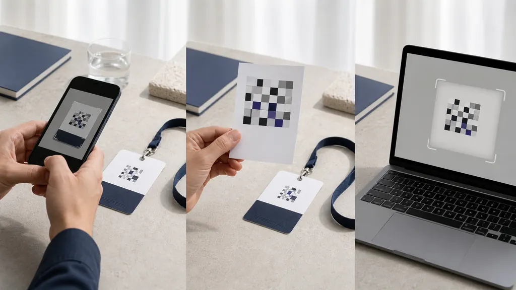 Person using a phone, printed screenshot, and laptop to scan abstract matrix images