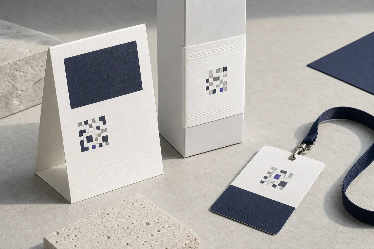 Editorial still life of a menu card, package, and event pass using abstract QR-inspired patterns